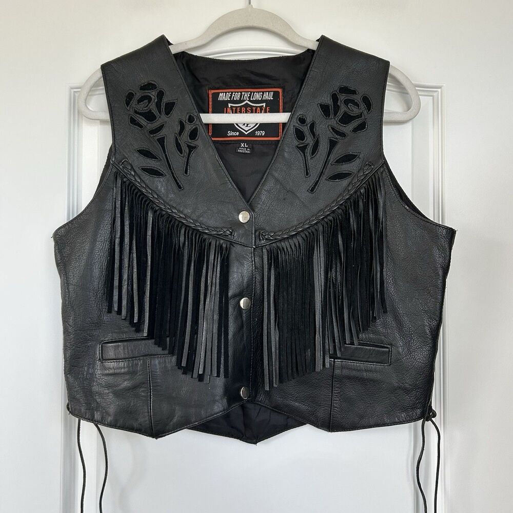 Vtg Interstate Leather Vest Fringe Biker Lace Up Womens XL Rose Cut Out Western